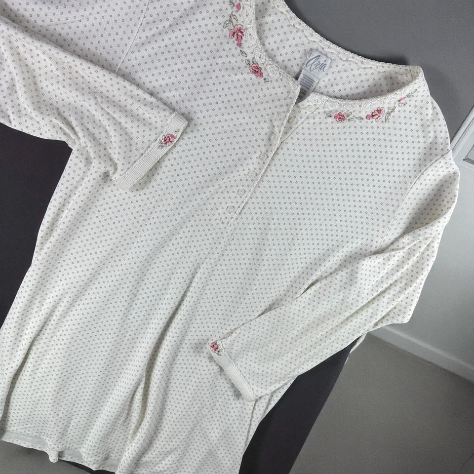 Camisón Aria Mujer L Pijama Top Blanco Lunares Borde Floral Botón Delantero Foto 1 de 4