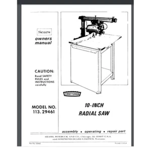 Sears Craftsman 10" Radial Arm Saw 113.29460 Owners parts Manual 36 pages 1972 - Picture 1 of 1