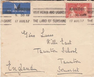 KUT: Cover, "Visit Kenya and Uganda - the Land of Sunshine" slogan cancel, 1937 - Picture 1 of 2