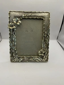Gold Tone Day Lilies Picture Frame Photo Floral Art Nouveau Style - Picture 1 of 8