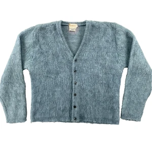 Vintage Mohair Cardigan Sweater Brent Men Large Blue Montgomery Ward Fuzzy 60s - Picture 1 of 20