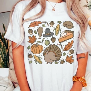 Retro Thanksgiving Doodle T-Shirt, Family Turkey Pie Tee Fall Dinner Gathering - Picture 1 of 6