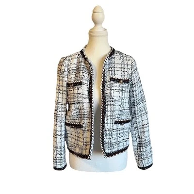 ZARA Textured Tweed Blazer Size Small White, Red, Blue Collarless Open Front - Image 1 of 4