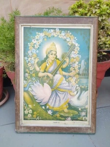 Old Vintage Lithograph Print Of Hindu Worship Goddess Saraswati Frame 22 x 16" - Picture 1 of 10