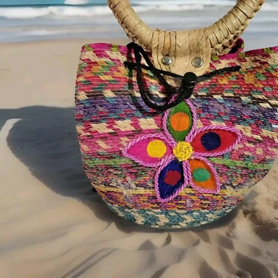 Straw Tote Purse Multicolor Bright Pinks Flower Small Size Colorful  - Image 1 of 4