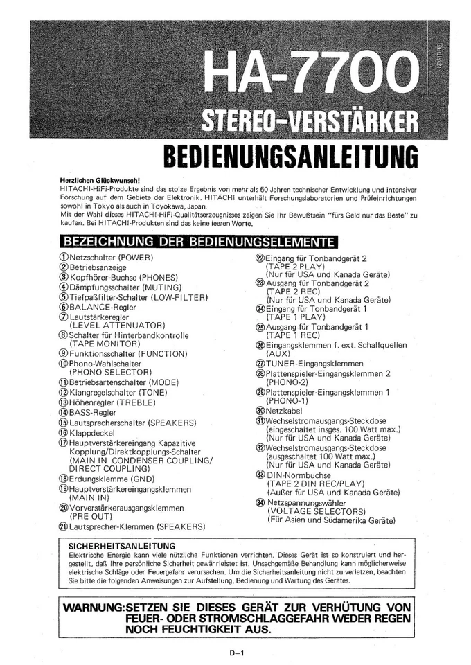 Bedienungsanleitung-Operating Istruzioni per hitachi HA-7700 - Immagine 1 di 1