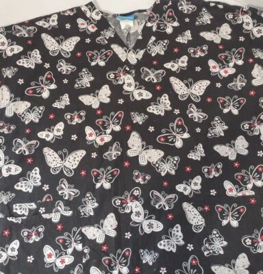 HQ Scrub Top Black White and Red Size Large Women’s Medical Scrub Butterflies - Image 1 of 4