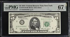 1974 $5 Federal Reserve Note Fr-1973-B New York PMG67 Superb Gem EPQ - Picture 1 of 2