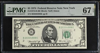 1974 $5 Federal Reserve Note Fr-1973-B New York PMG67 Superb Gem EPQ - Image 1 of 2