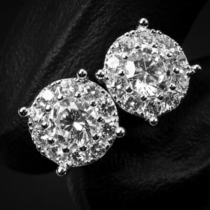 White Gold 925 Sterling Silver Men's Hip Hop Iced Cz Cluster Stud Earrings - Picture 1 of 5