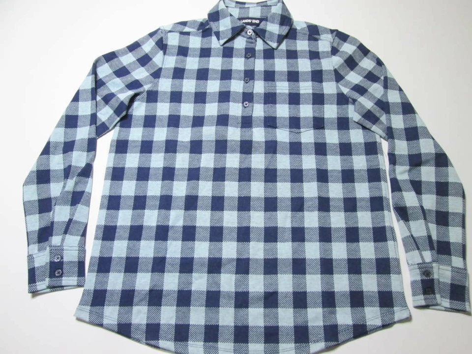 Lands' End Womens Size S Henley Shirt Navy Collared Check Button Long Sleeve - Image 1 of 4