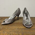 Nina New York Silver Satin Peep Toe Heels / Pumps Rhinestones Size 8.5