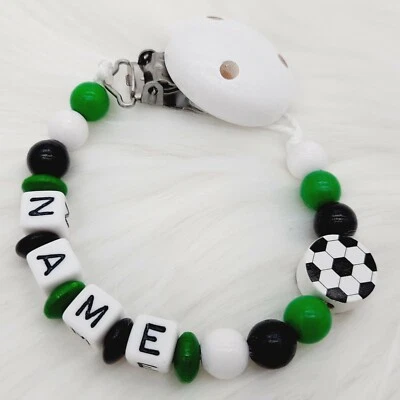 Schnullerkette mit Namen personalisiert Mädchen Junge Fußball schwarz grün weiß  - Bild 1 von 2