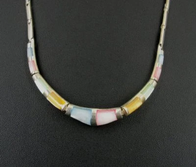 Necklace Sterling Pastel Color Stones V Shape Link Sterling 925 Silver Necklace - Image 1 of 4