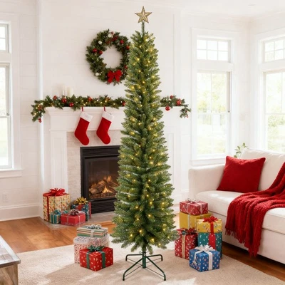 7ft Pre-lit Pencil Christmas Tree Slim Artificial XMAS Indoor Holiday Decoration - Image 1 of 4