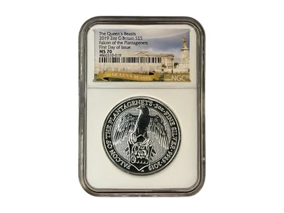 2019 THE QUEENS BEASTS £5 2oz FALCON OF THE PLANTAGENETS PF70UCAM NGC FDOI - Image 1 of 4