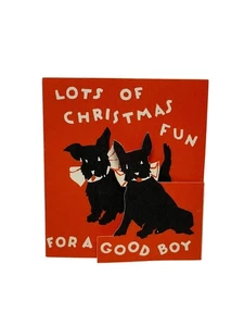 Vintage Antik Weihnachten Schwarz Scottie Hund Paar Grußkarte UNBENUTZT - Bild 1 von 6