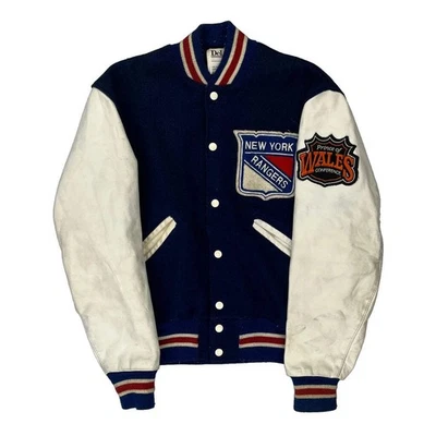 Made In USa New York Rangers Delong Nhl Varsity Jacket - Small Navy Wool Blend - Image 1 of 4