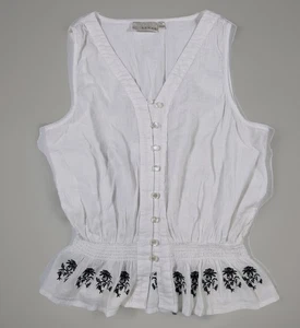 Top Kenar Talla M Algodón Blanco Bordado Negro Flores Perla Botón Sin Mangas - Imagen 1 de 8