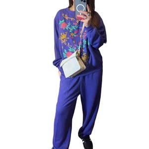 Vintage 80s Purple Floral Grannycore Grandma Sweatshirt Pant Lounge Set L XL - Picture 1 of 3
