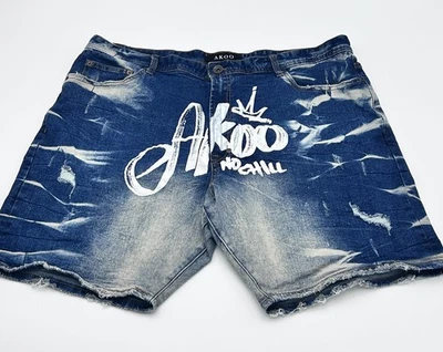 Pantalones Cortos de Jean AKOO Envejecidos Pintura Salpicaduras Rasgaduras Pierna Logo Talla 42 Blue Hip Hop Y2K Foto 1 de 4
