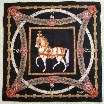 Pañuelo CELINE Vintage Negro Caballo Blanco Patrón Repujado Calado Foto 1 de 4