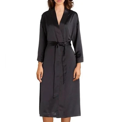 Cabernet Solid Black Satin Short Wrap Elegant Robe Attached Belt Size Small EUC - Image 1 of 4