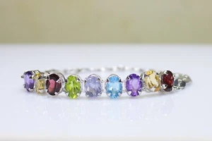 Natural Multi Stone Bracelet With 925 Sterling Silver In 7.5 Inches Size - Picture 1 of 9