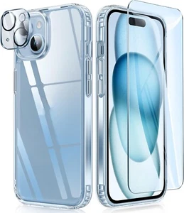 Transparent 6.1" iPhone 15 Case Slim with Tempered Glass Screen Lens Protector - Picture 1 of 6