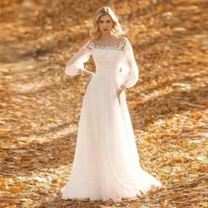 Elegant A-Line Wedding Dresses Square Neck Long Puff Sleeves Chiffon Bridal Gown - Picture 1 of 11