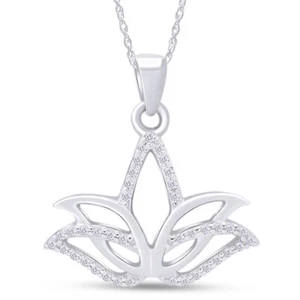0.10 Ct White Real Diamond Sterling Silver Outline Lotus Flower Pendant Necklace - Picture 1 of 10