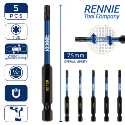 RENNIE TOOL COMAPNY 5 x T20 Torx 75mm Long Magnetic Impact Duty Screwdriver Drill Driver Bits TX20