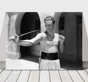 ERROL FLYNN - B&W - CANVAS ART PRINT POSTER - Sword - 24x18" - Picture 1 of 1
