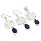 Blue Sapphire Gemstone Handmade Silver Earrings Pendant Jewelry Set 1.5"