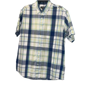 Consensus Shirt Mens Large Blue Plaid Short Sleeve Button Down Cotton Blend - Picture 1 of 7