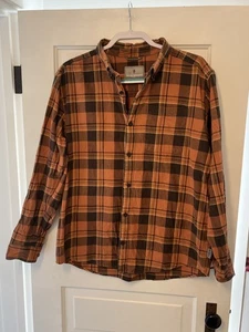 Royal Robbins Shirt Mens Large Orange Brown Plaid Lieback Organic Cotton Flannel - Picture 1 of 9
