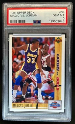 1991-92 Upper Deck Magic Johnson vs. Michael Jordan #34 Bulls Lakers PSA 10 - Image 1 of 2