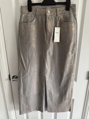 M&S Grey with Gold Metallic Denim Skirt Size 10 Short Length BNWT Fast Delivery - Image 1 of 4
