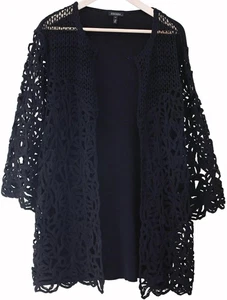 ESCADA Black LACE CROCHET LONG CARDIGAN Open Jacket Topper LARGE Made in Italy - Picture 1 of 7