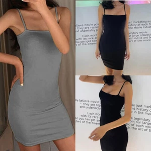 Bodycon Vest Tank Tunic Top Tank Strappy Cami Plain Top Sleeveless Mini Dress - Picture 1 of 15
