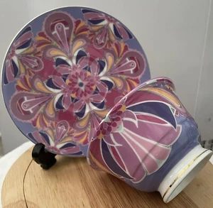 T2 Fine China Cup and Saucer, Purple and Pink Print Gold handle - As New - Picture 1 of 4