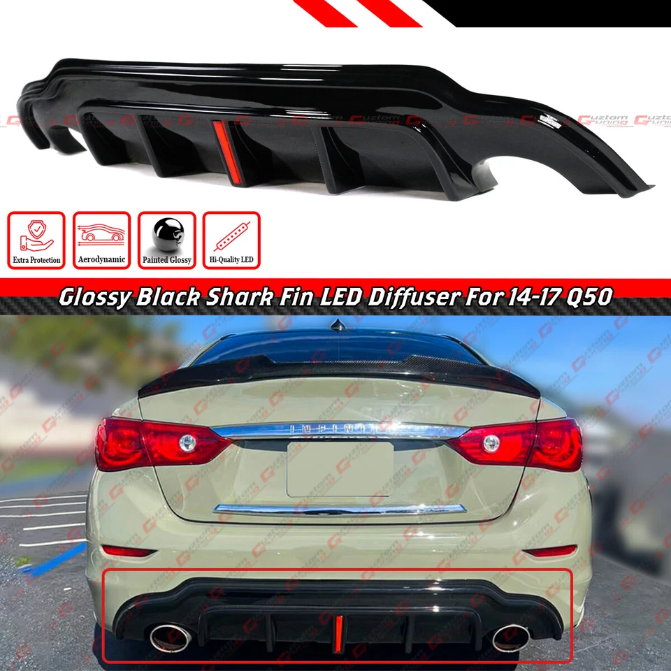 FOR 2014-17 INFINITI Q50 GLOSSY BLACK REAR BUMPER DIFFUSER W/ V2 LED BRAKE LIGHT - Image 1 of 4