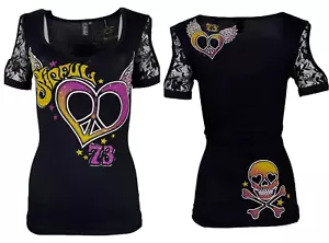 Sinful By Affliction Women's T-shirt Vertigo Biker Tattoo - Picture 1 of 11