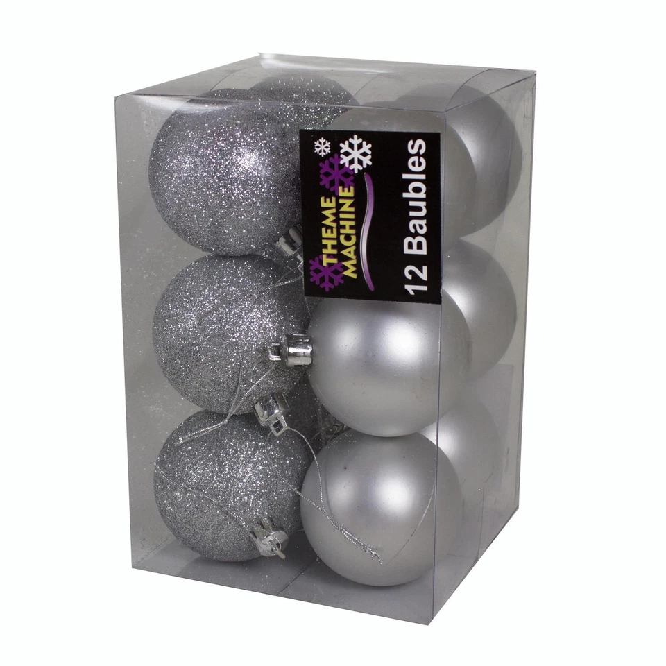 Christmas Tree Decoration 12 Pack 60mm Glitter / Plain Baubles - Silver