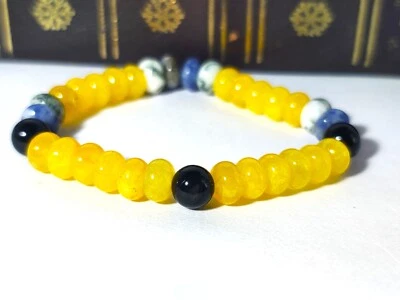 Naturale Giallo Giada E Sodalite Bracciale con Perline, 8mm Gemma Elasticizzato - Immagine 1 di 4