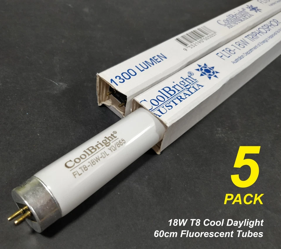 5 x 18W T8 Triphosphor Fluorescent Tubes Lamps 6000K Cool Daylight 600mm - Image 1 of 1