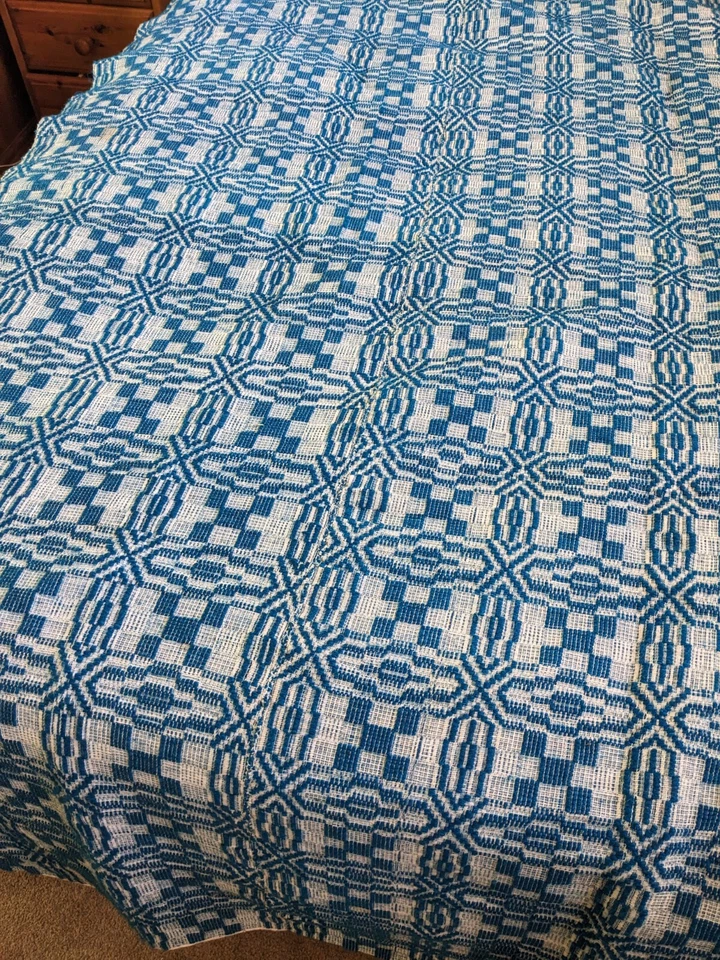 Antique American Turquoise Overshot Jacquard Coverlet Linen/Wool/177 Cm X 220 Cm - Image 1 of 4