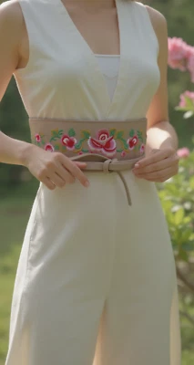 Mujeres Beige Imitación Cuero Kimono Corbata Envoltura Aspecto Asiático Cinturón Rojo Rosa Flor Ajuste S M Foto 1 de 4