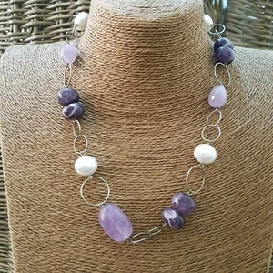 Vintage 925 Sterling Silver Necklace, Natural Amethyst And Faux Pearls, 19" - Picture 1 of 7