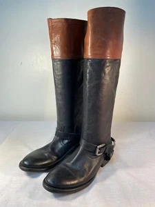 H.S. Trask Belted Tall Riding Boots Women's Black Brown Leather Pull On - US 6.5 - Picture 1 of 6
